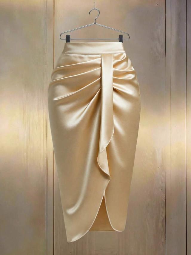 elegant gold satin ruched midi skirt