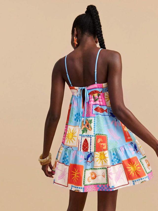 multi-color print printed cotton camisole tiered mini dress