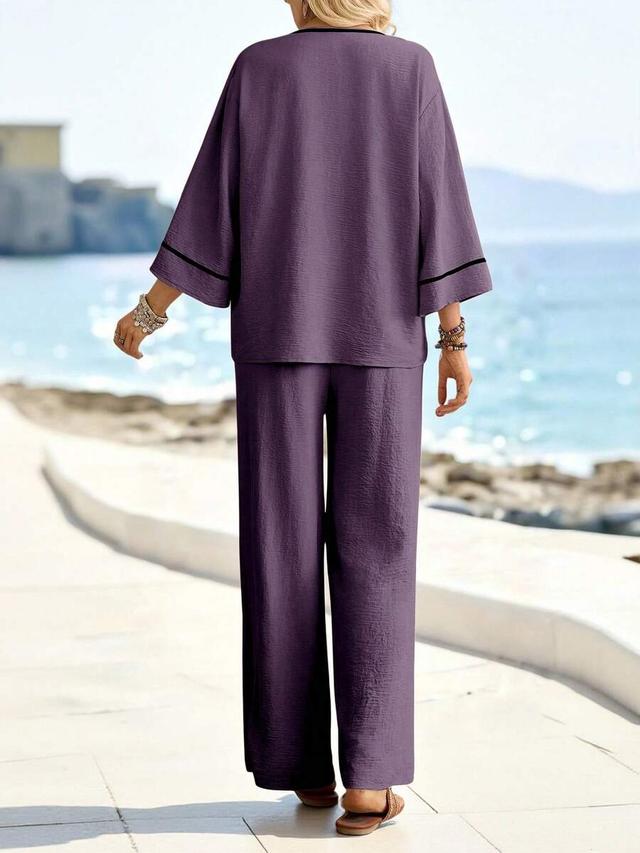 dark purple linen blend short sleeve top