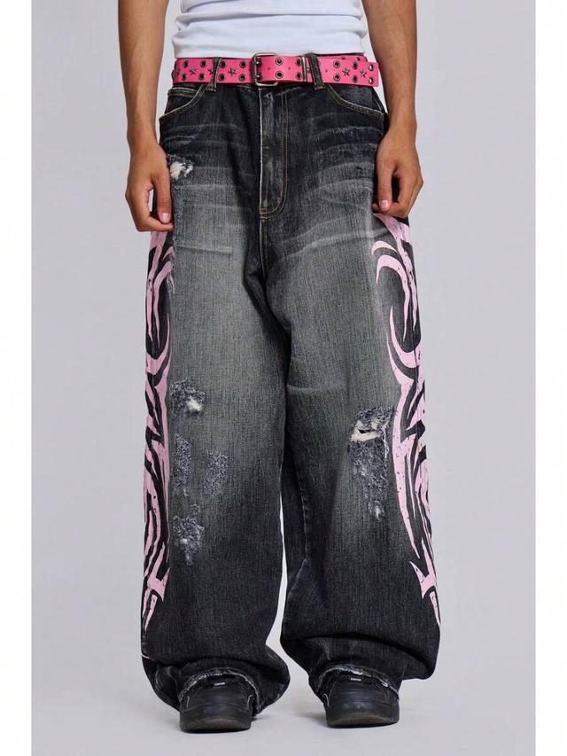 pink tribal retro high street y2k washed straight fit jeans