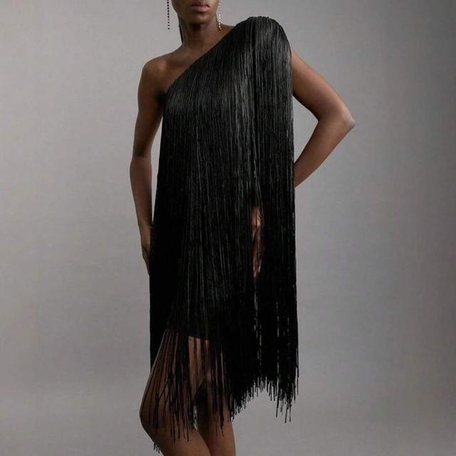 black metallic one-shoulder fringe mini dress