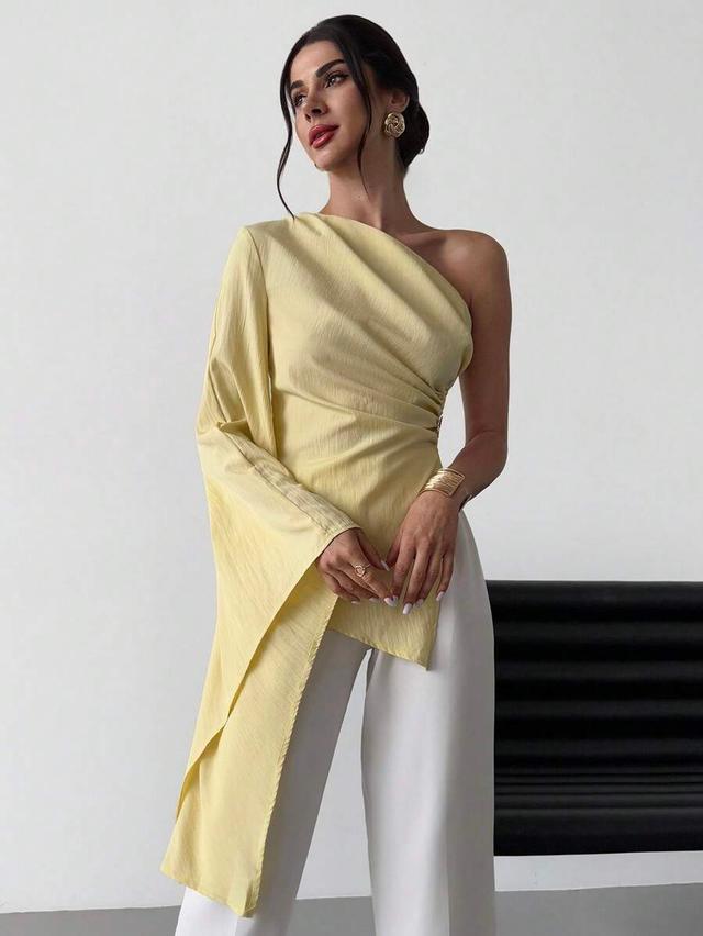 pale yellow one shoulder pleated elegant blouse