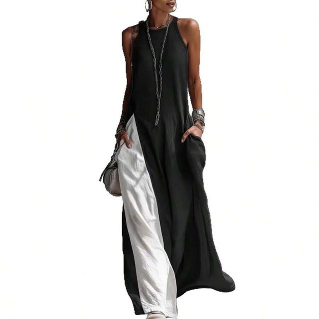 black and white sleeveless linen blend maxi dress