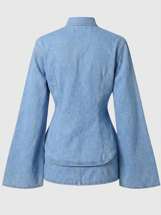 embroidered bell sleeve single-breasted denim shirt