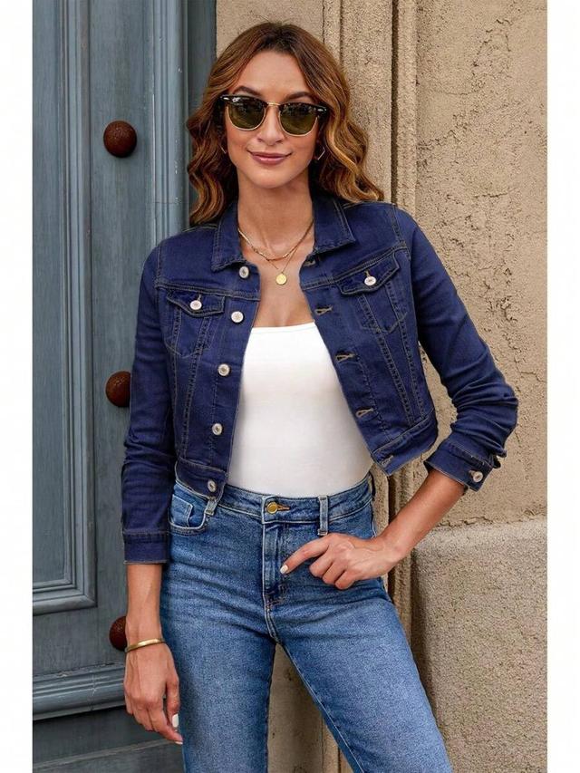 dark blue fitted short brown stretch denim shacket jacket