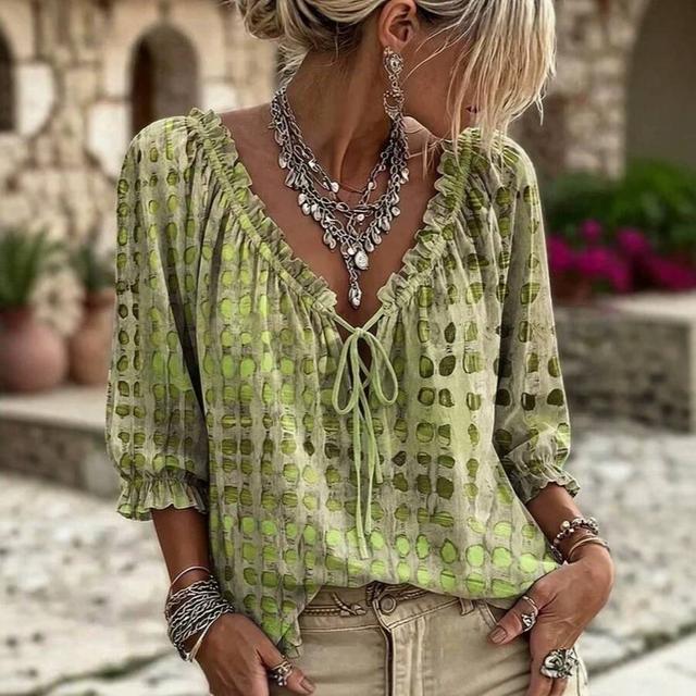 green elegant abstract geometric polka dot drawstring ruffle edge top
