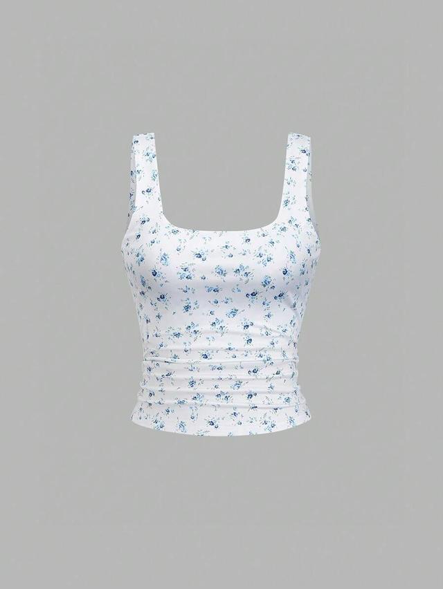 floral casual square neck ruched cami top