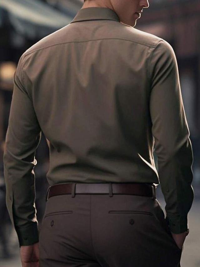 olive green men's solid brown formal long sleeve button-up shirt