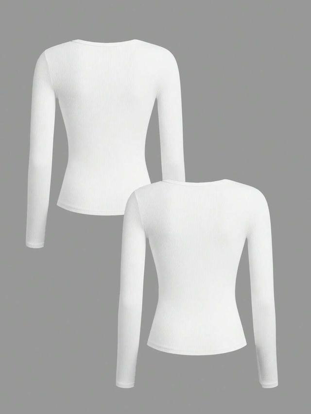 white rib knit long sleeve crew neck t-shirt
