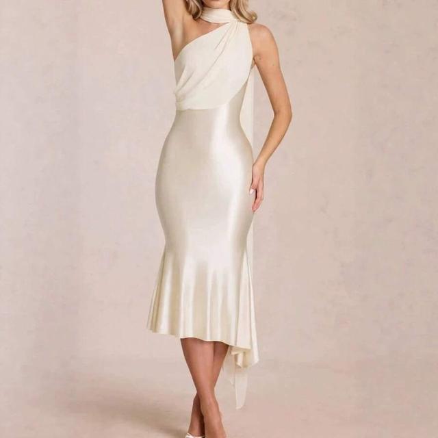 ivory satin one-shoulder midi dress with drape