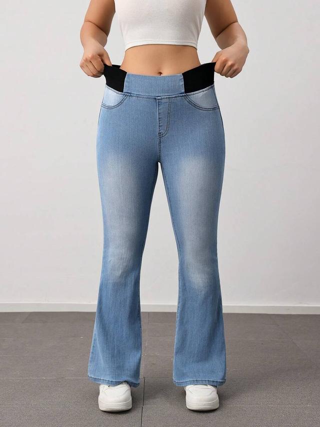 light blue high waist stretch knit flare jeans