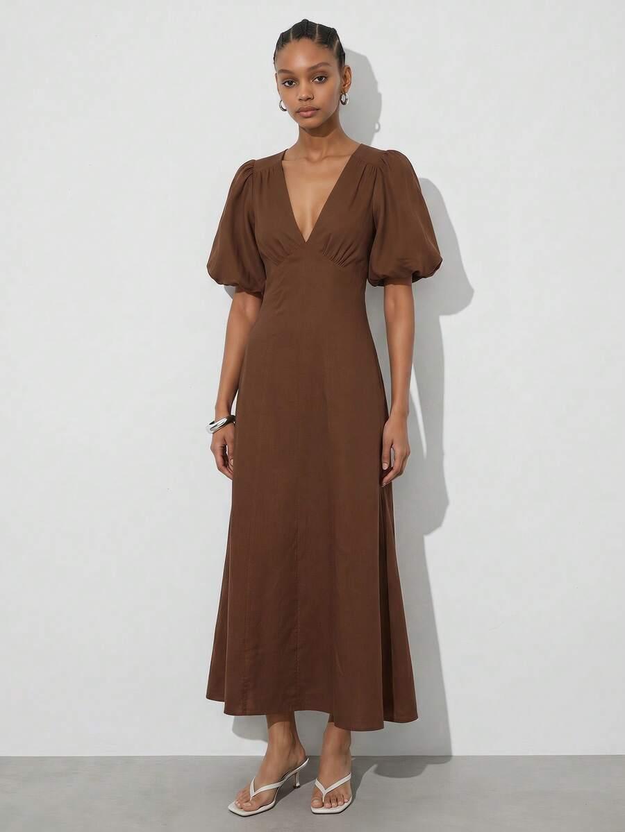 maija elegant coffee brown puff sleeve v neck dress