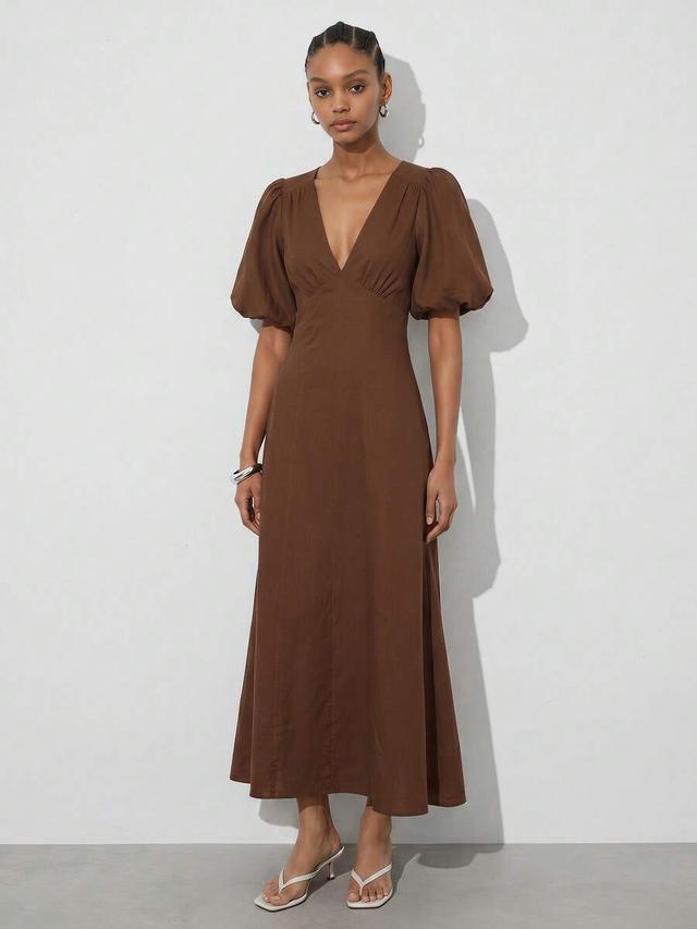 maija elegant coffee brown puff sleeve v neck dress
