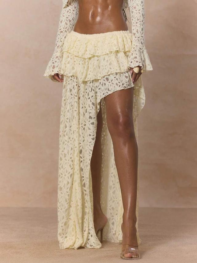 cream lace tiered ruffle asymmetric maxi skirt