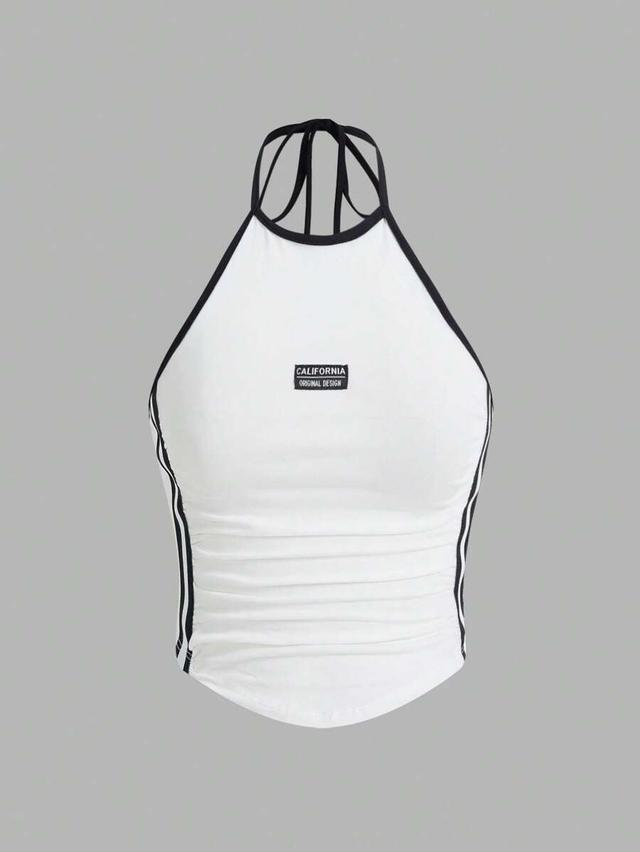 white block striped side tie halter y2k top