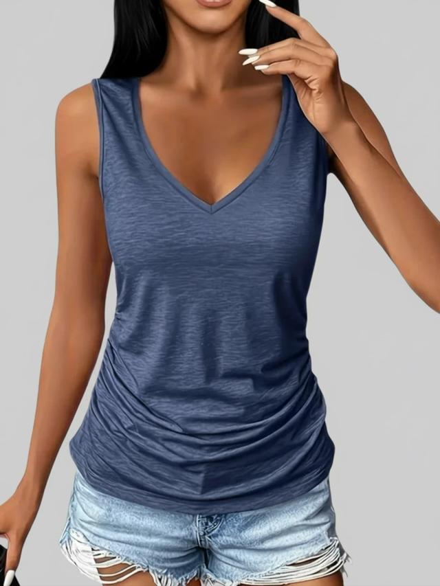 blue ruched v-neck sleeveless slim fit tank top