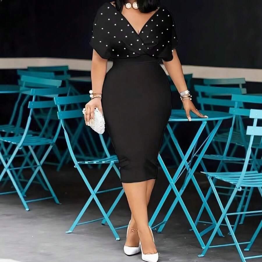 black wrap-front midi dress with pearl detailing