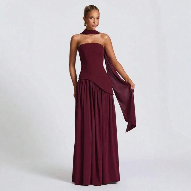 burgundy strapless pink crepe maxi dress with high slit