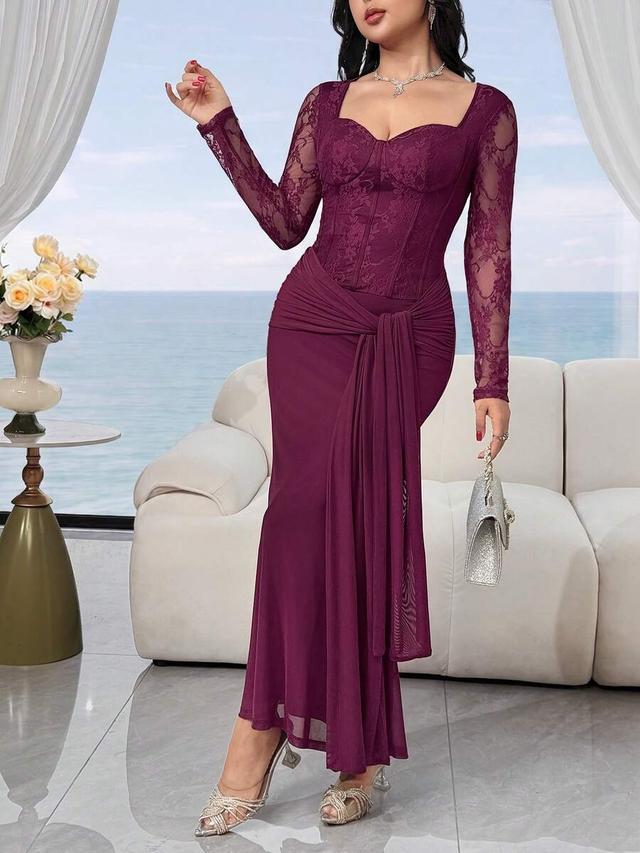 purple lace patchwork mermaid evening dress