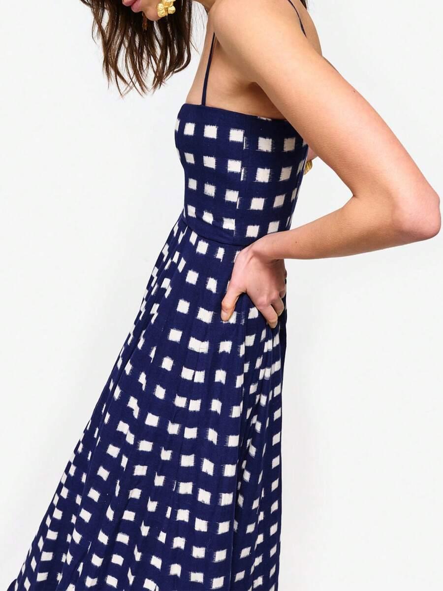 blue and white checkered cotton midi dress