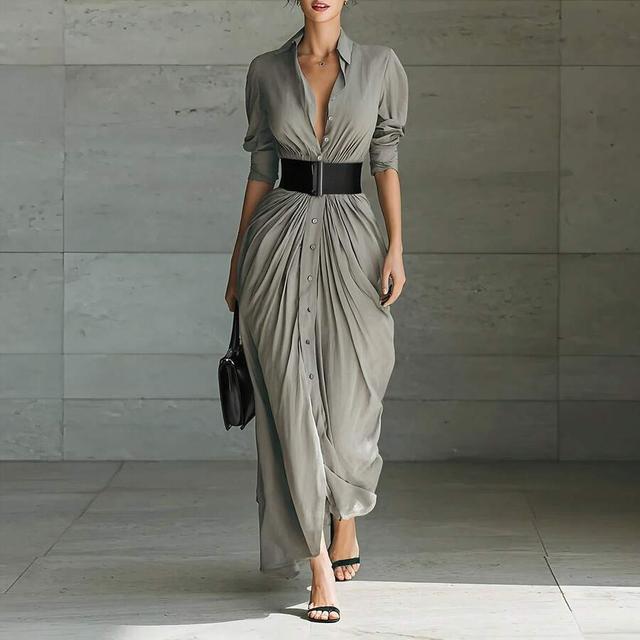 grey draped button-down shirt dress