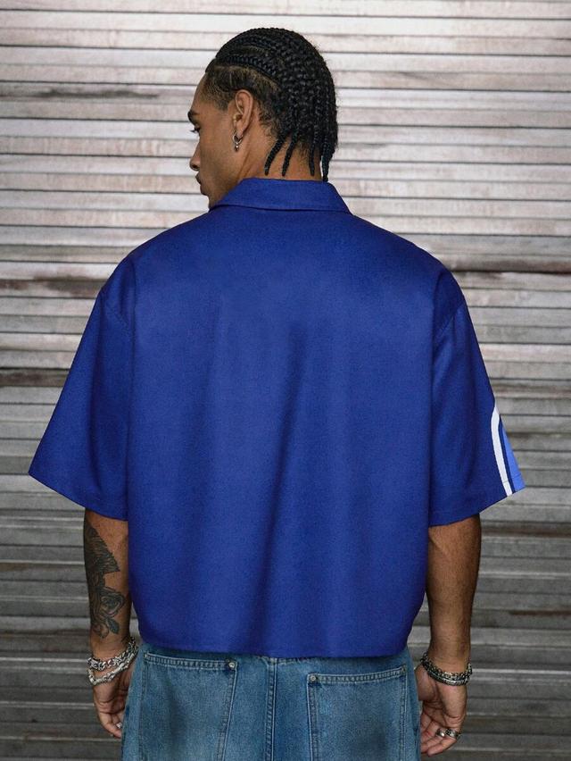 royal blue digital print loose fit short sleeve button-down shirt