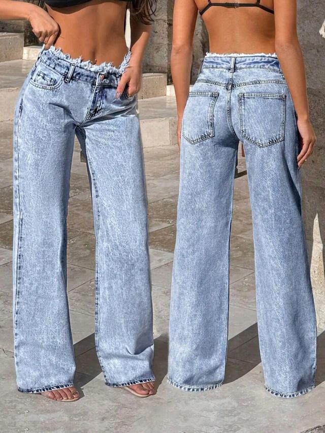 frayed hem acid wash wide leg jeans