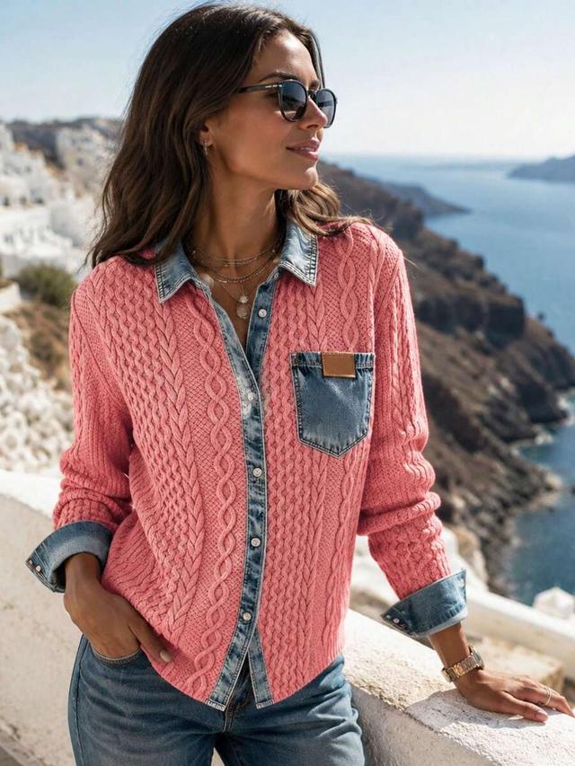 pink cable knit patchwork denim shirt jacket