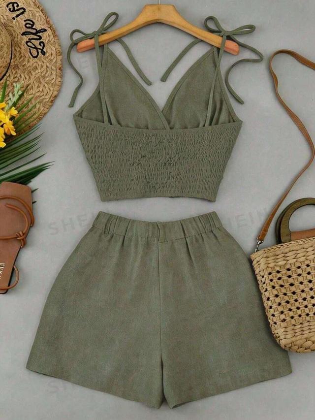 olive green v-neck tie shoulder top and shorts