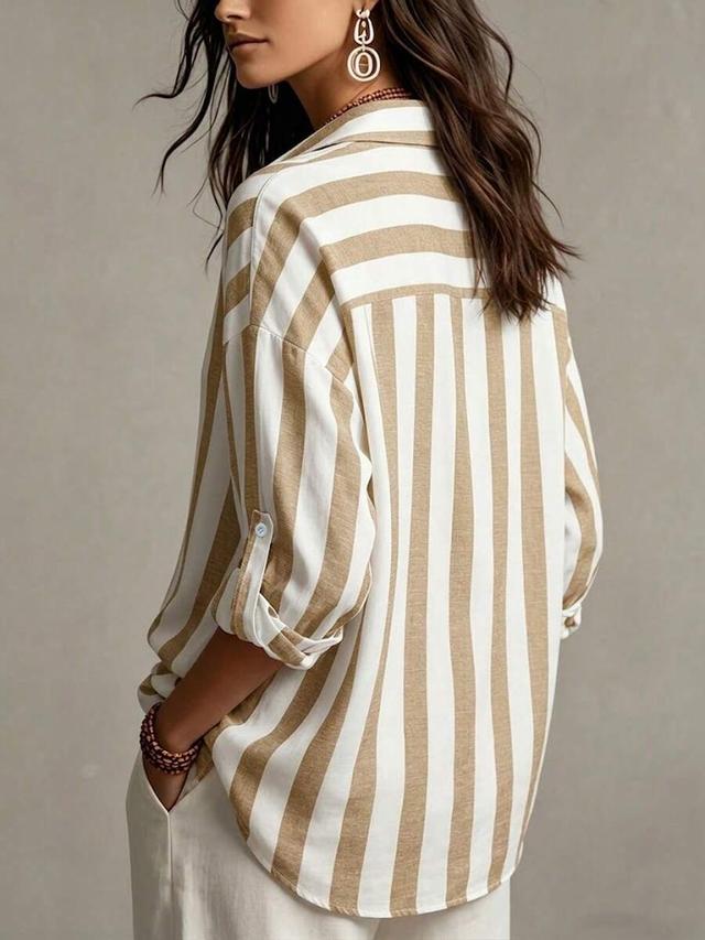 striped linen blend relaxed fit button up blouse