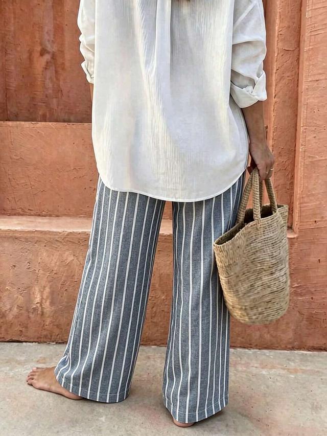 blue white stripe waist knot casual vacation pants