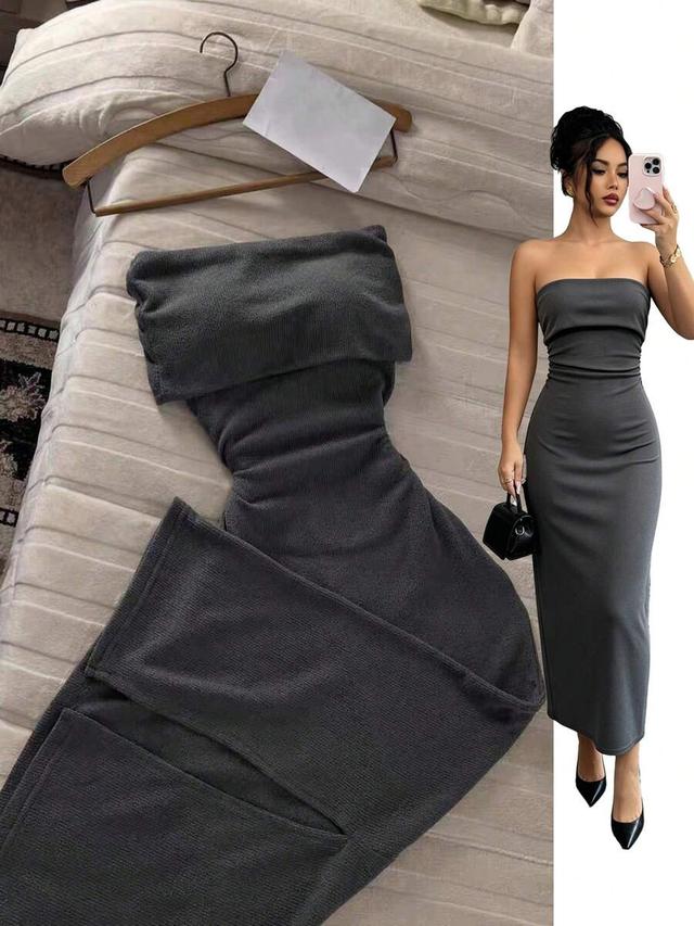 charcoal franclia women's elegant pleated backless slit fitted tube dress