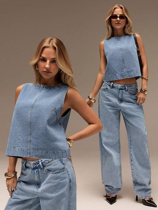 pale blue sleeveless denim crop top