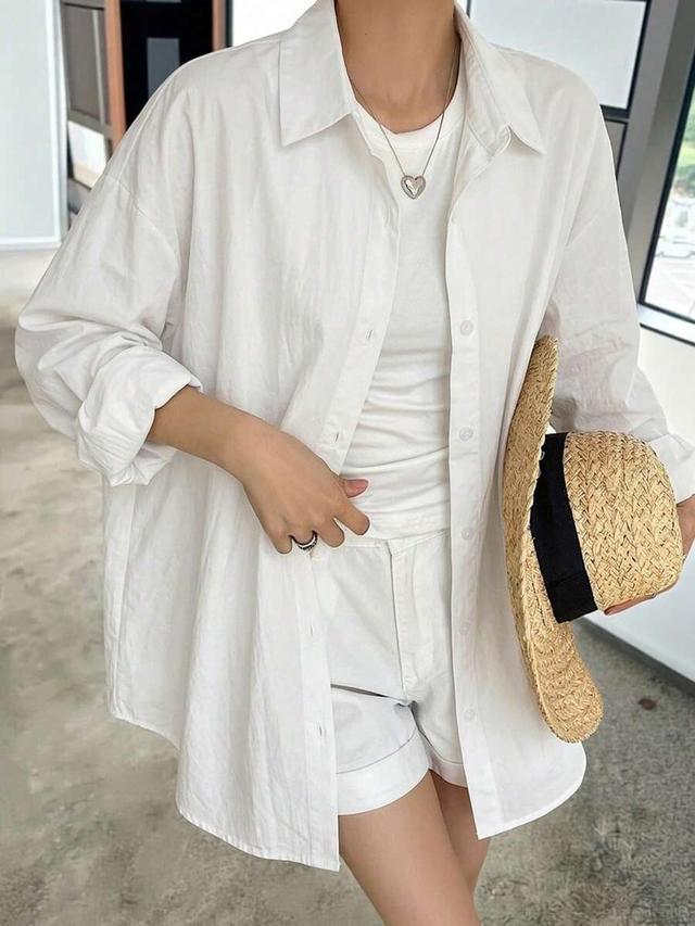 dazy women's solid white minimalist long sleeve shirt
