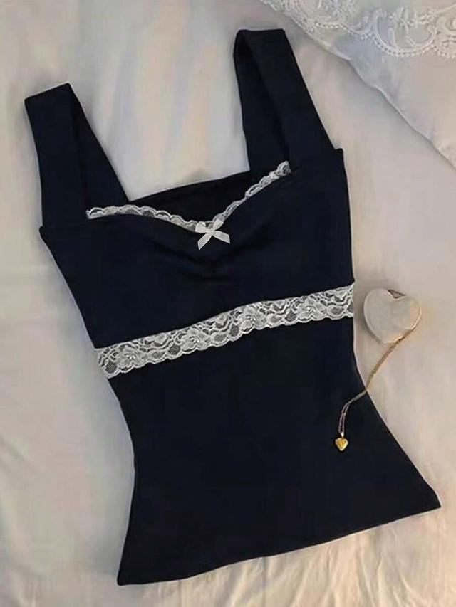 dark blue elegant contrast color lace trim sleeveless top