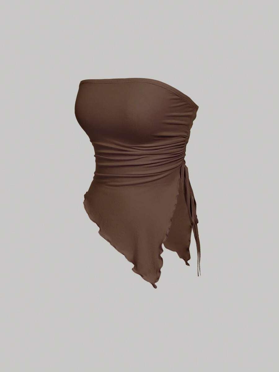 brown three asymmetric hem bandeau top in brown cream and print
