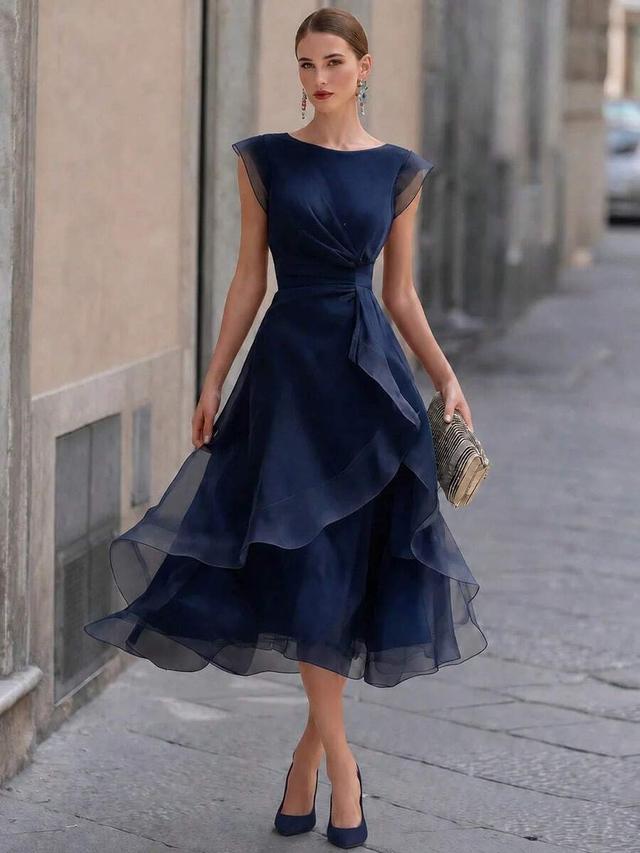 navy blue layered organza midi dress with draped waist