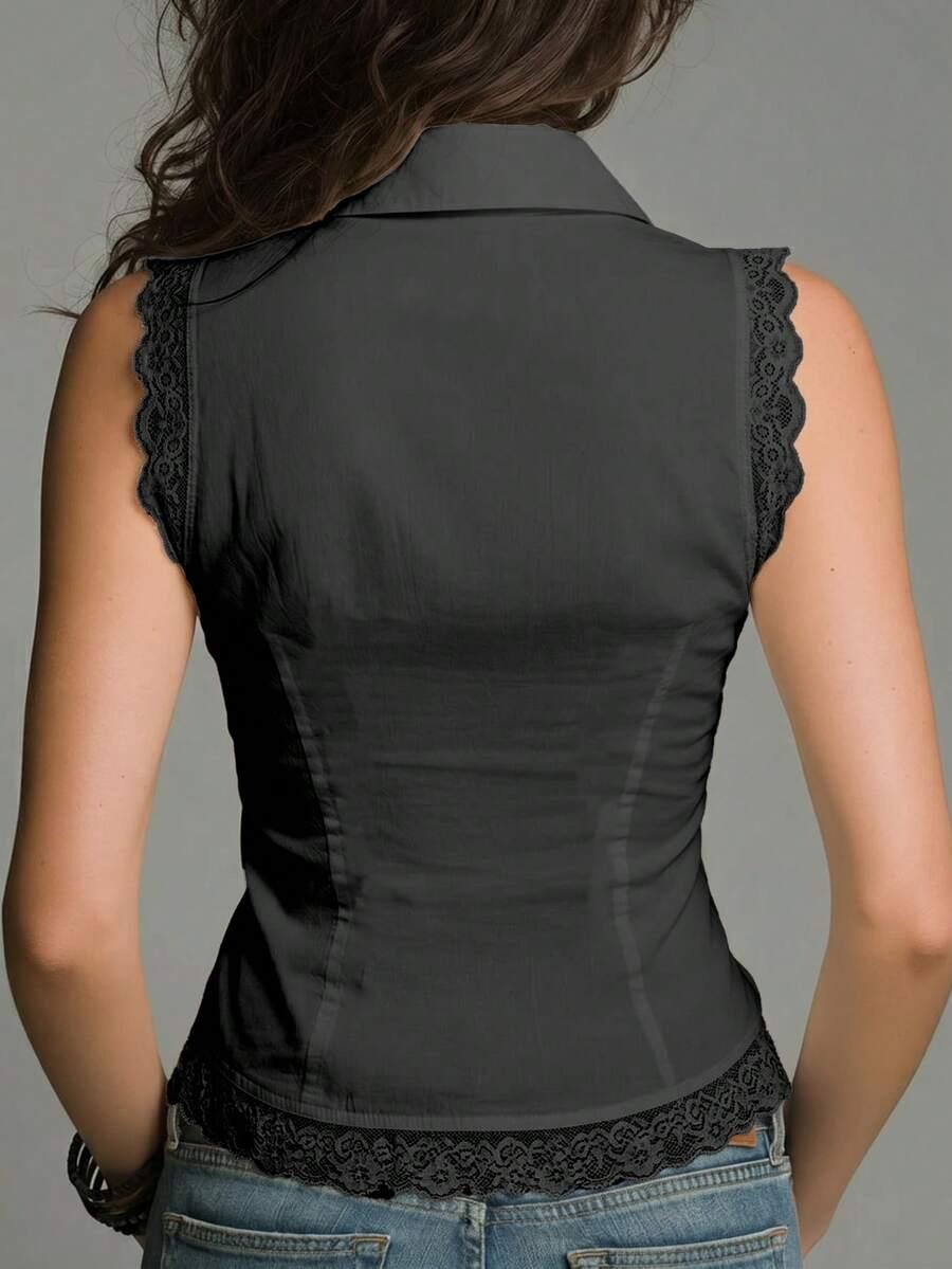 dark grey women's sleeveless shirt collar top with lace and pleats