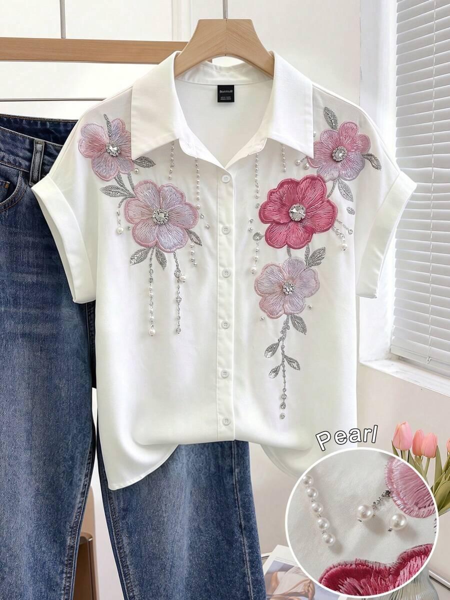 white embroidered floral embroidered pearl beaded short sleeve blouse