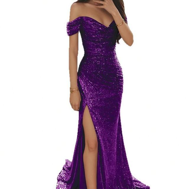 purple sequin off-shoulder draped evening gown