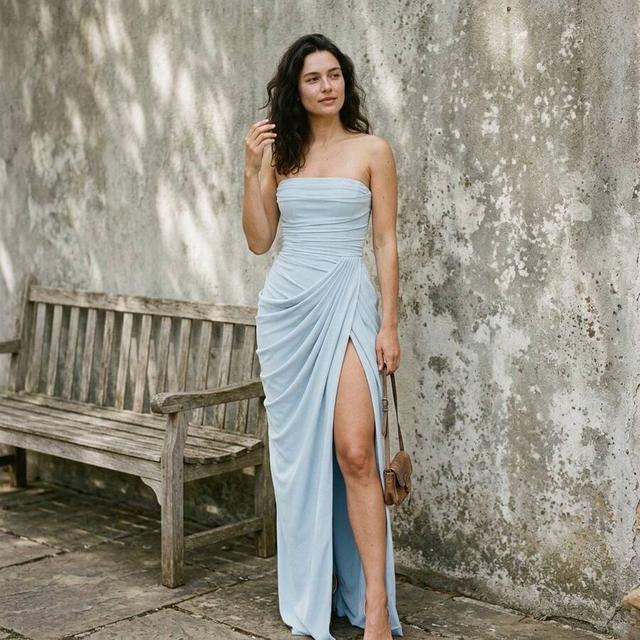 light blue strapless draped evening gown