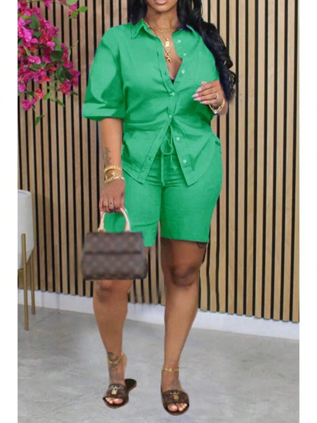 green women's chic green two-piece shorts set with button-up shirt
