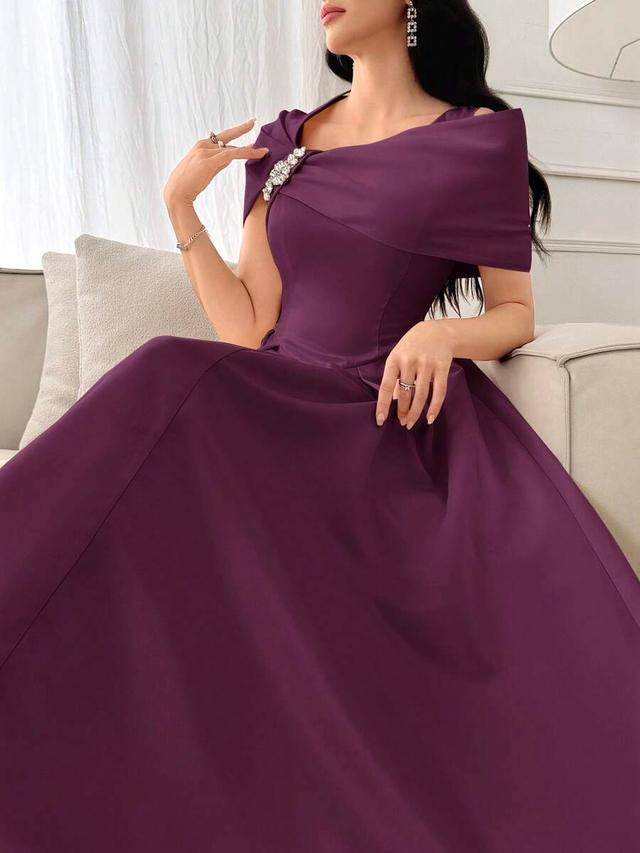 solid purple asymmetric neck ruffle evening dress