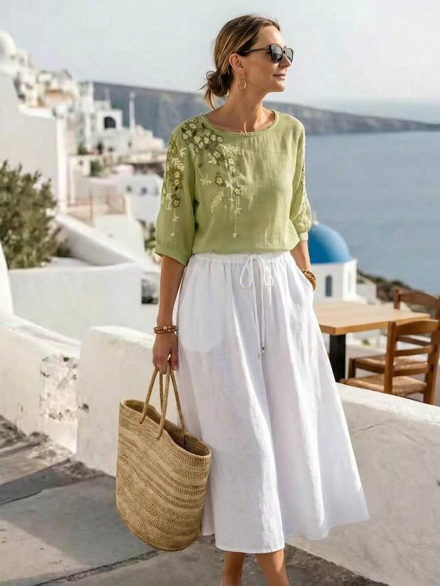 green vintage elegant minimalist boho embroidered green blouse