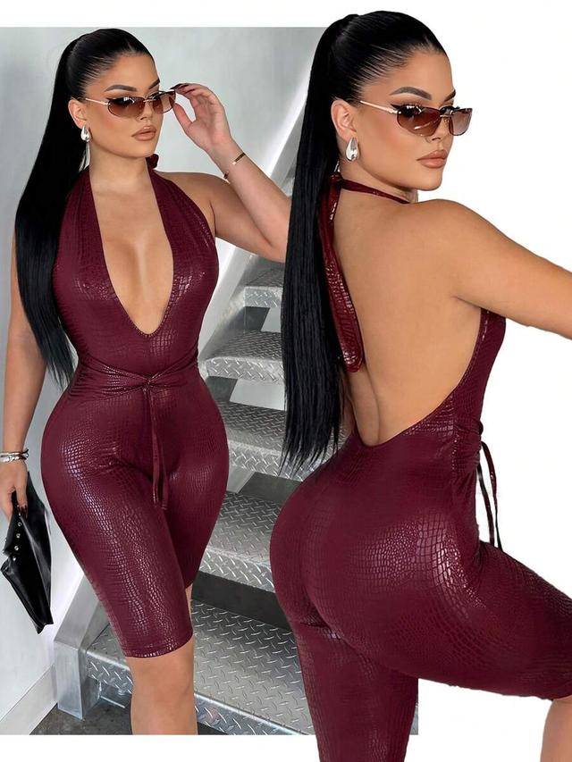 deep red faux crocodile skin halter playsuit