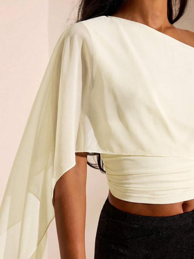 pale yellow asymmetrical shoulder ruched fitted top