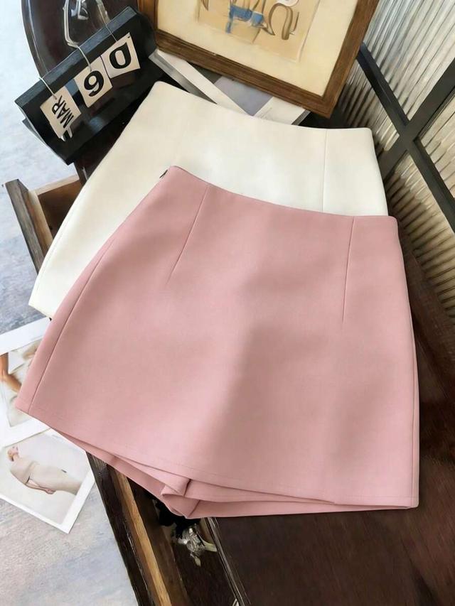 white elegant pink high waist slit skort