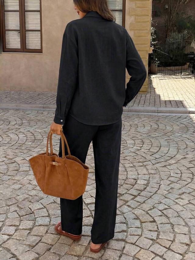 solid black cotton long sleeve lapel shirt