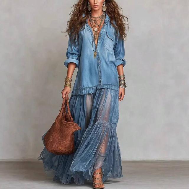 light blue shirt dress with sheer layered skirt