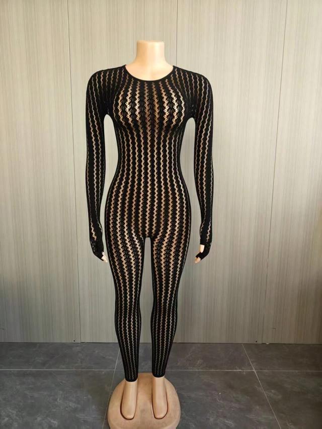 black rhinestone sheer tight mesh bodysuit